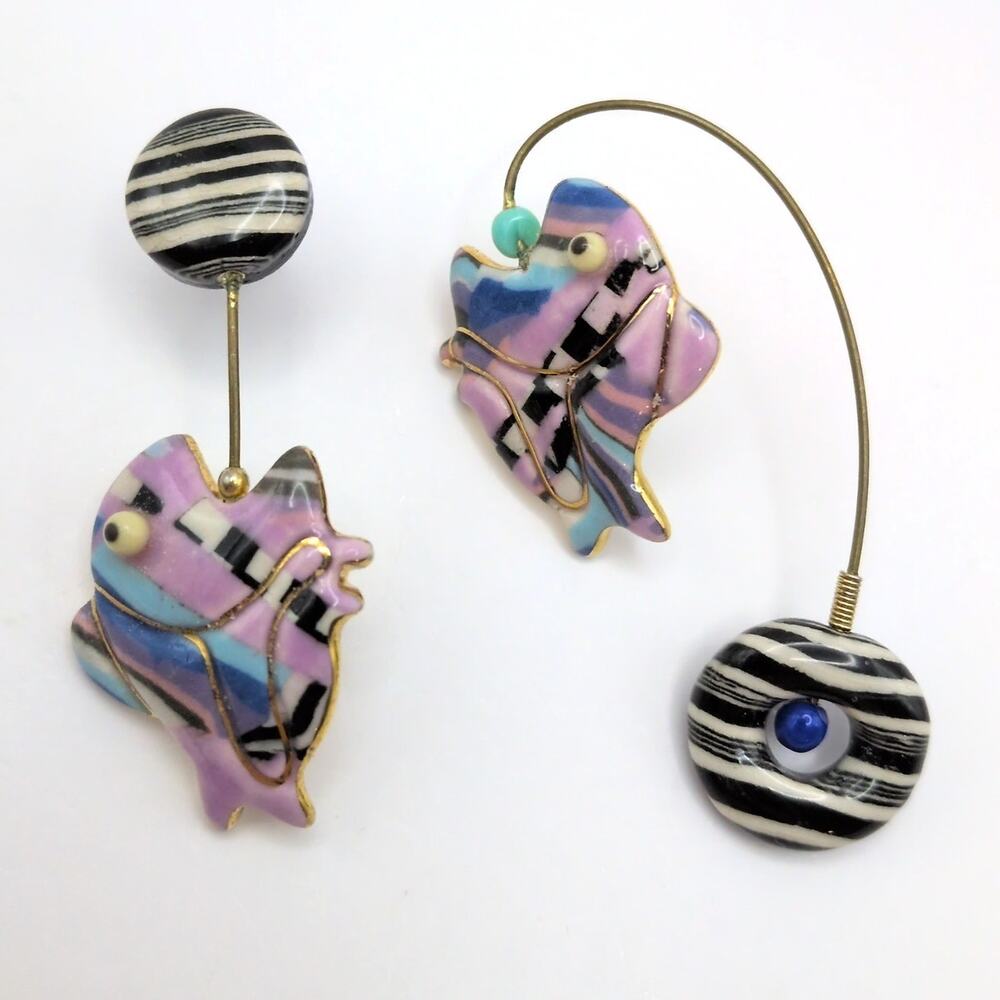 Vintage Cynthia Chuang J10 Postmodern Ceramic Fish Drop Pierced Earrings